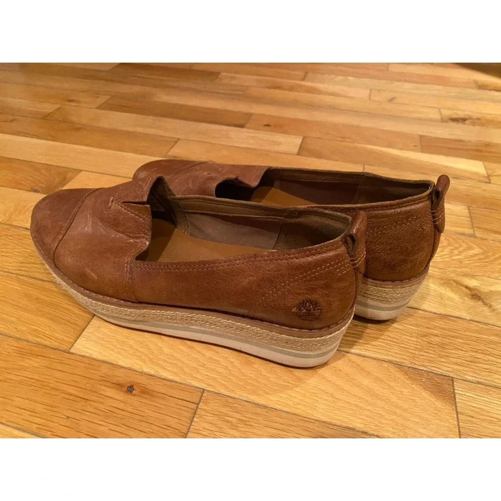 Timberland Womens Brown Leather Espadrille Platform Slip On Loafers Size‎ 9.5